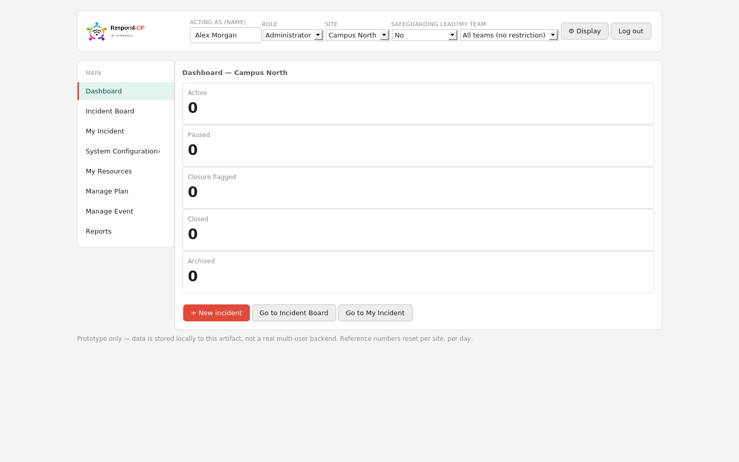 Respond-CP dashboard showing incident status across a site