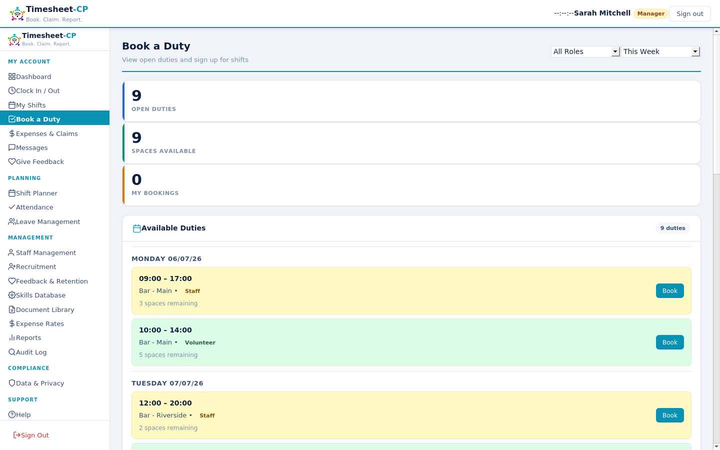 TimeSheet-CP screenshot showing open duties available to book