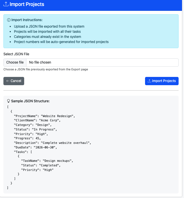 Importing projects into Tasking-CP from a JSON file