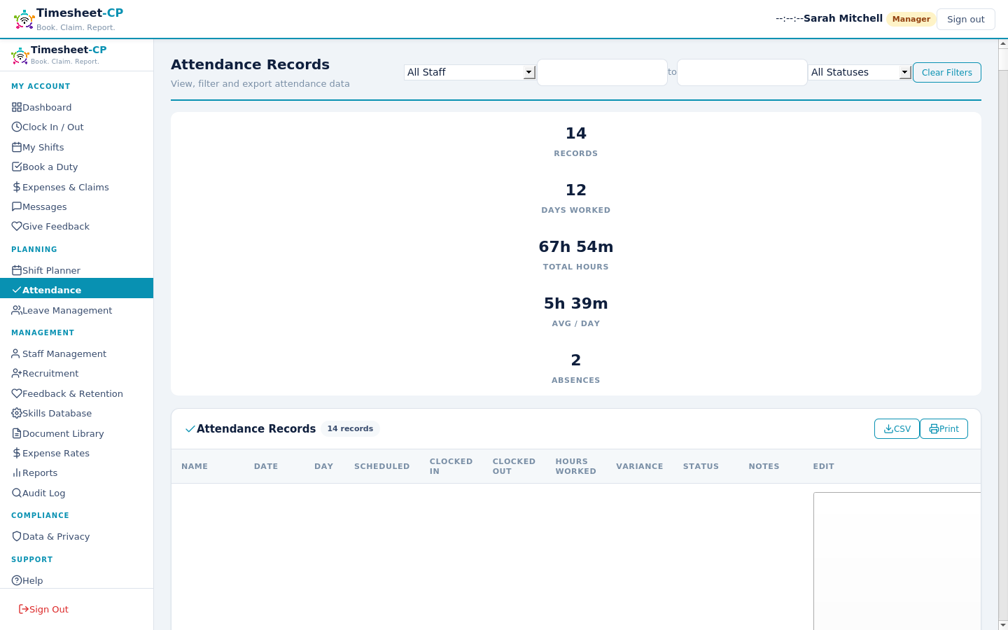 TimeSheet-CP screenshot showing attendance records with filtering and export