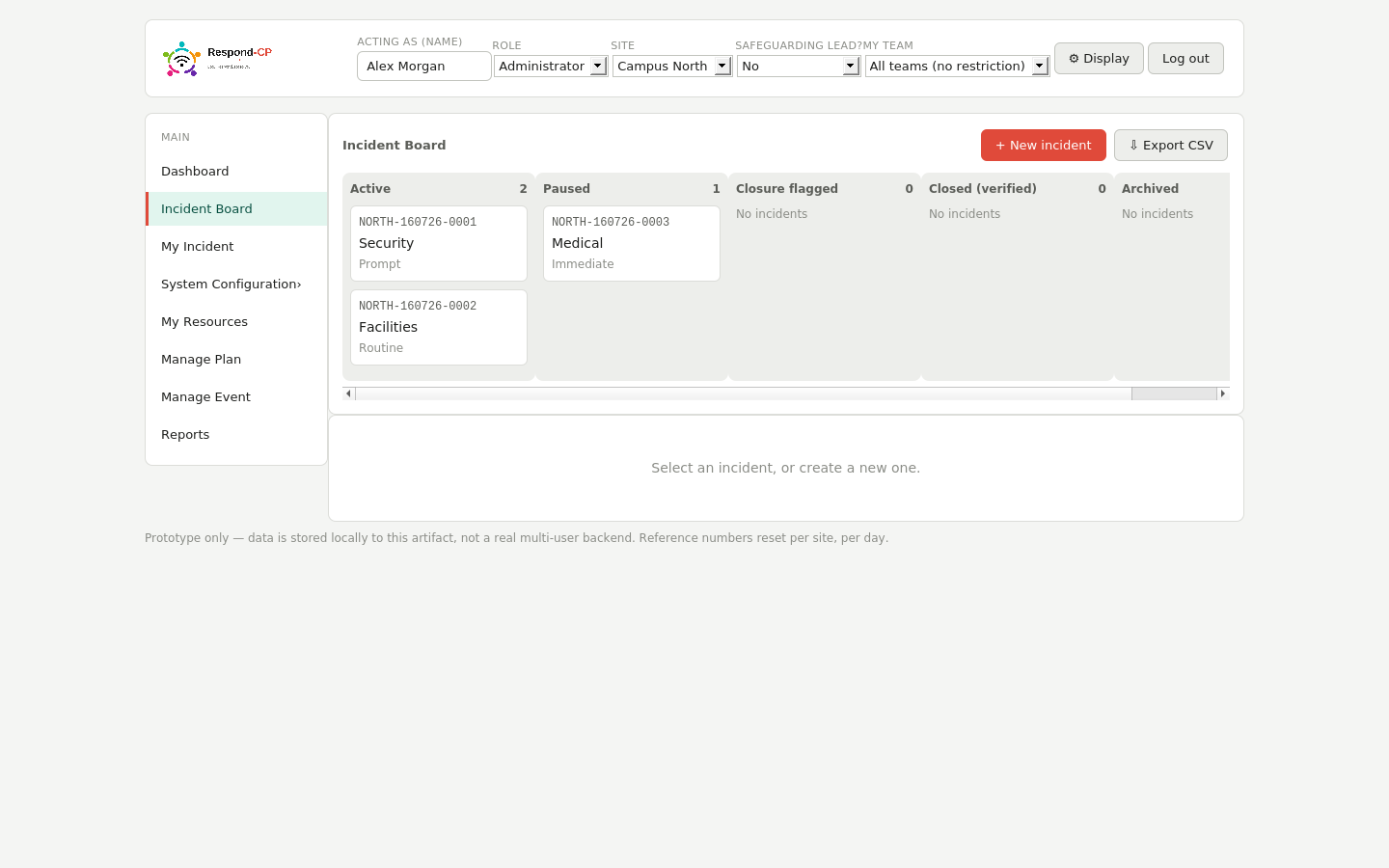 Respond-CP incident board showing active, paused, closure-flagged and archived incidents