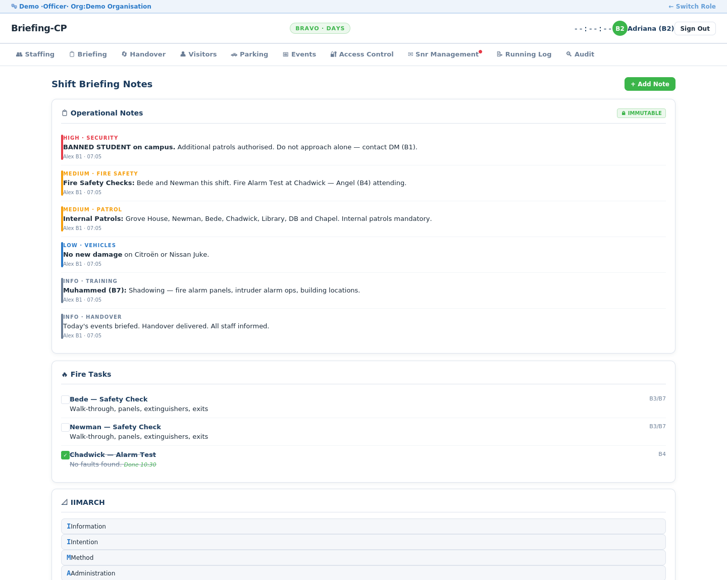 Briefing-CP shift briefing notes screenshot showing prioritised operational notes
