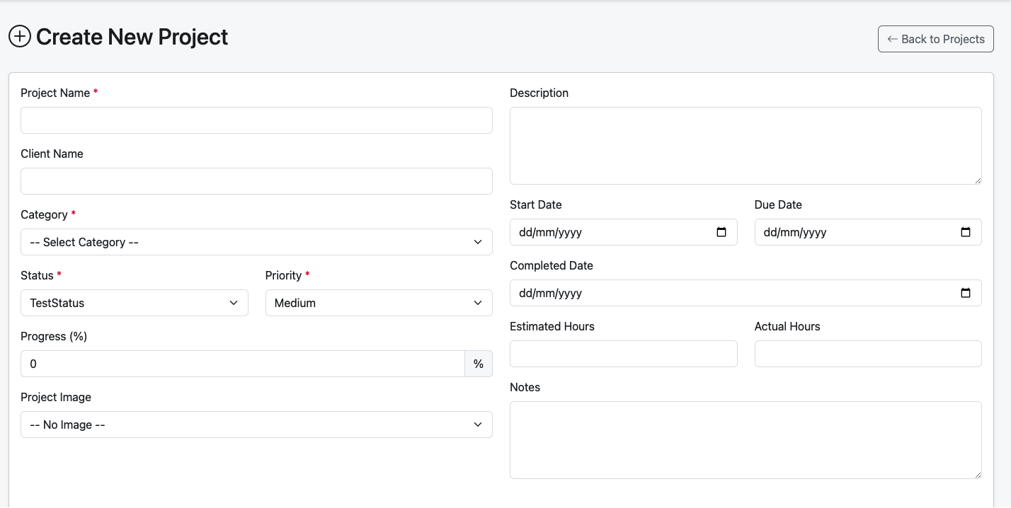 Creating a new project in Tasking-CP, with category, priority, dates and progress